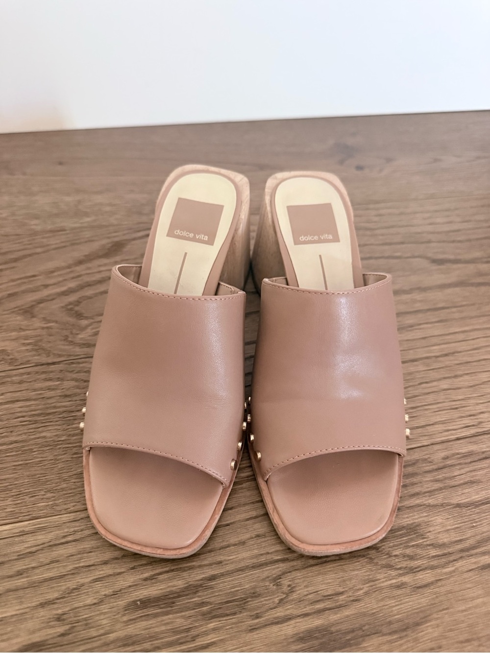 Dolce Vita Nude Taupe Slide Mules with Gold Studs
